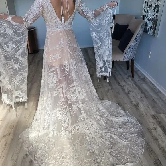 Boho Mermaid A-LIne Wedding Dress with Long Bell Sleeves V Neck and Beading