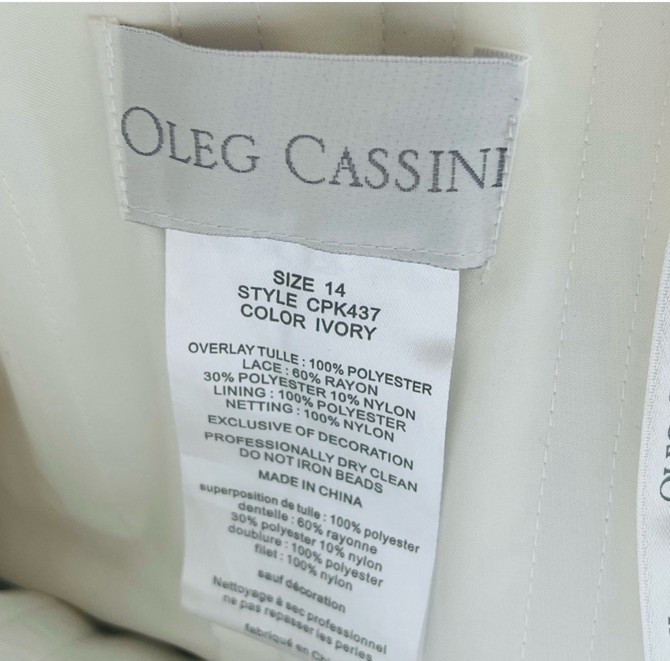Oleg Cassini Ivory Sweetheart A-Line Tea Wedding Dress Lace Beaded Size 14