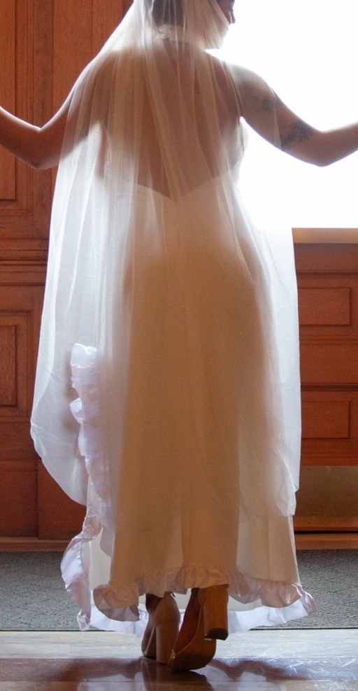 Lulu White Halter Wedding Dress Custom Ruffles and Slit Size Medium Pre-Owned