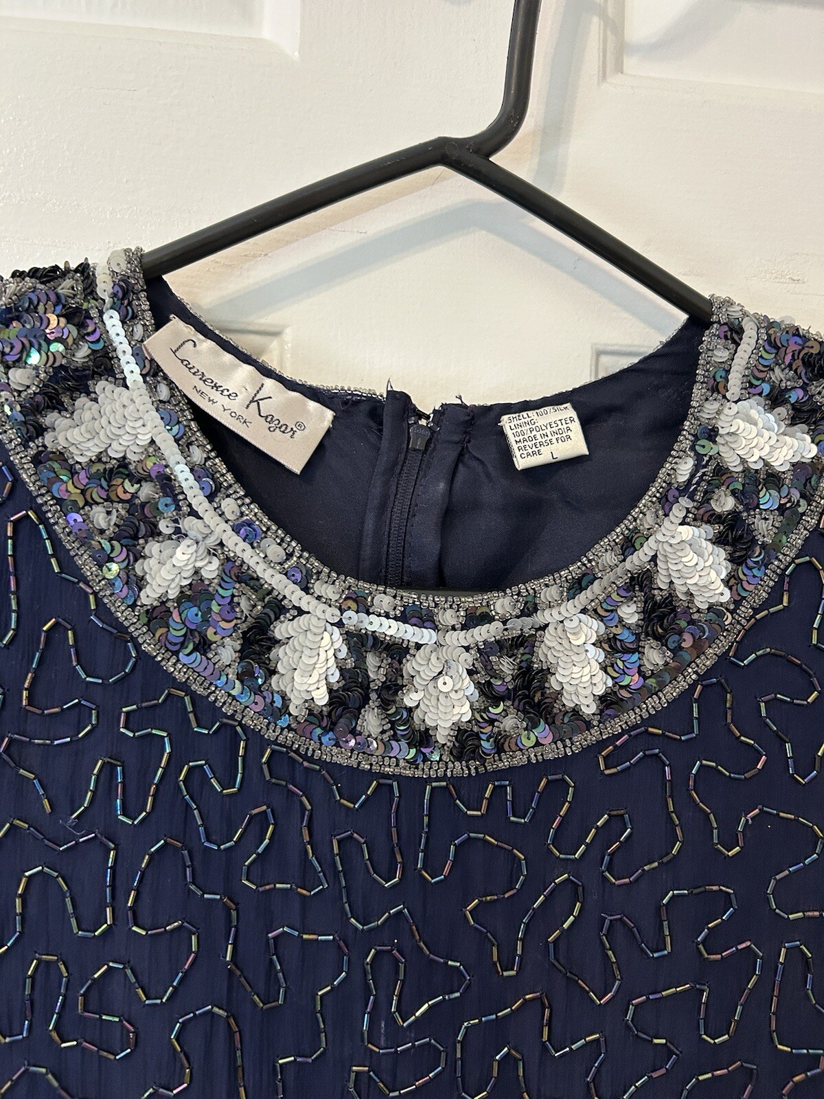 Vtg LAURENCE KAZAR Silk Short Sleeve Navy Sequin Beads Dress Size Sz L Heavy 80s