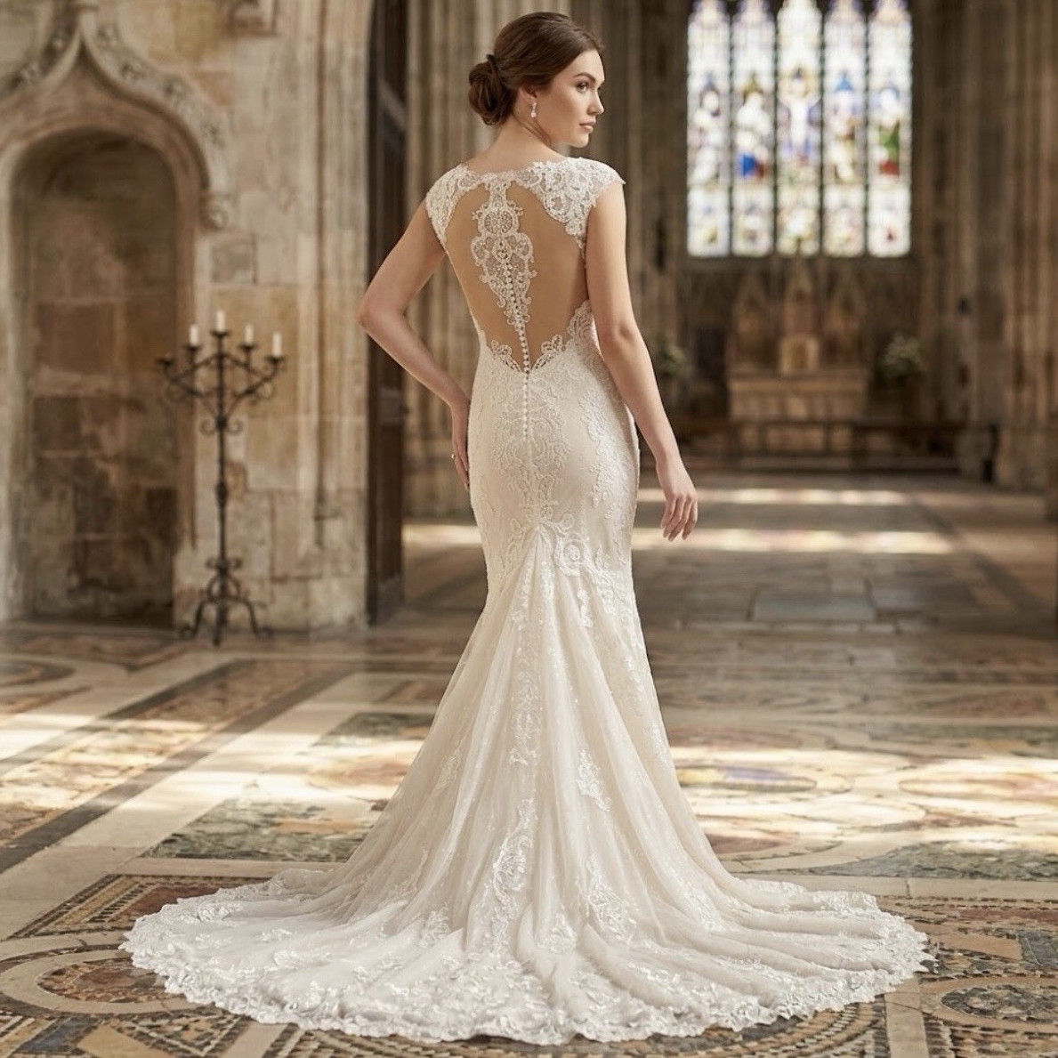 Martina Liana Illusion Lace Cap Sleeve Beaded Mermaid Train Wedding Dress