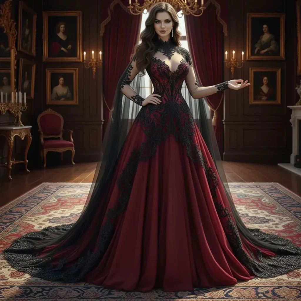 Vampire Gothic Wedding Dress Black and Burgundy White Lace Appliques A-Line