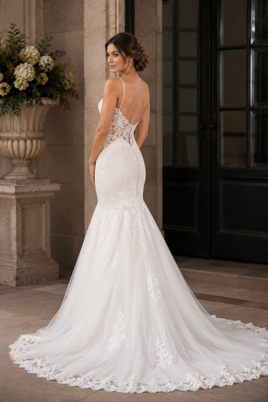 MARTINA LIANA Ivory Lace Beaded Wedding Dress Silk Lined Bridal Gown+2 Veils