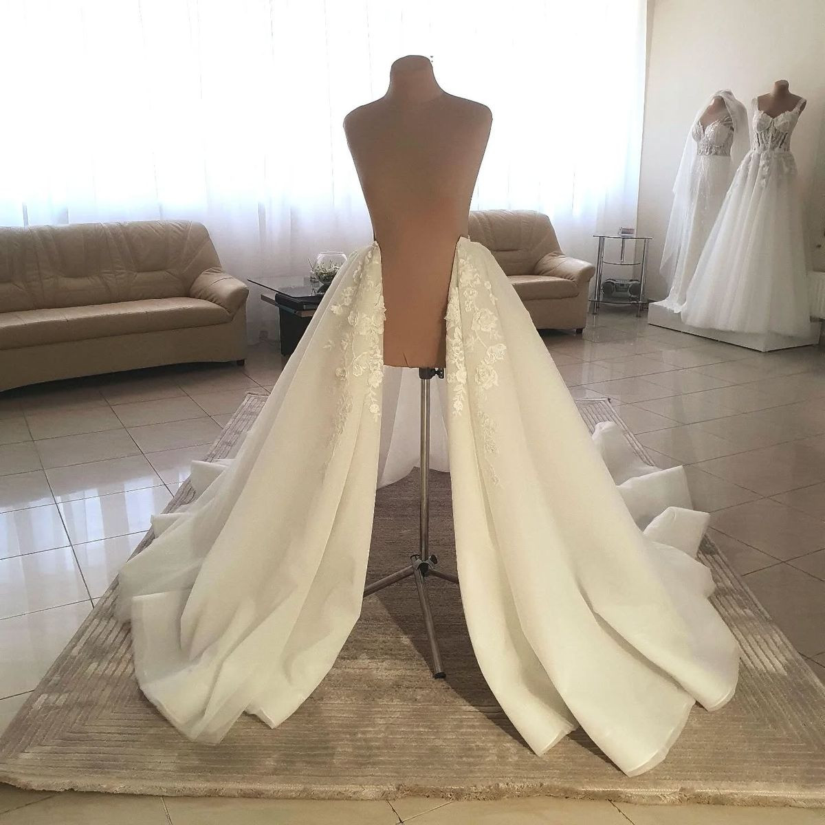 Wedding Detachable Train White Ivory Lace Applique Bridal Removable Overskirt