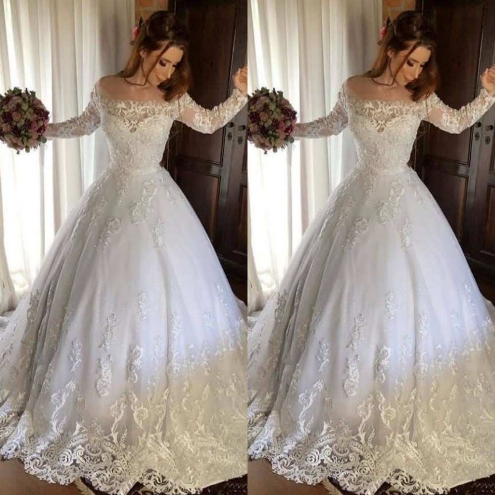 Elegant Wedding Dresses Lace Applique Long Sleeve A Line Sweep Train Bridal Gown