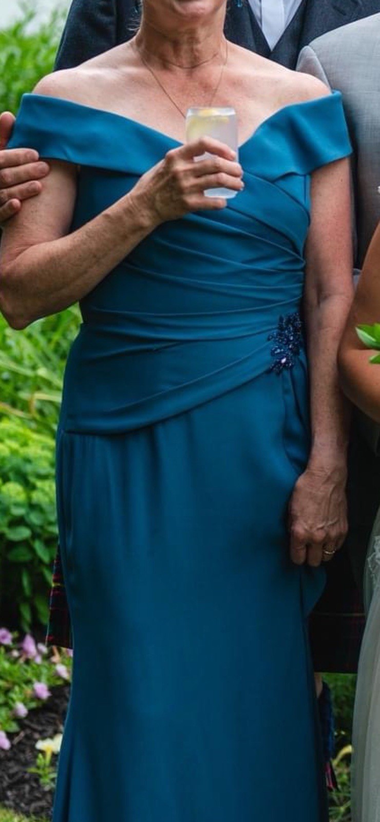 Elegant Blue Formal Off-Shoulder Dress Dress With Flattering Ruched Bodice