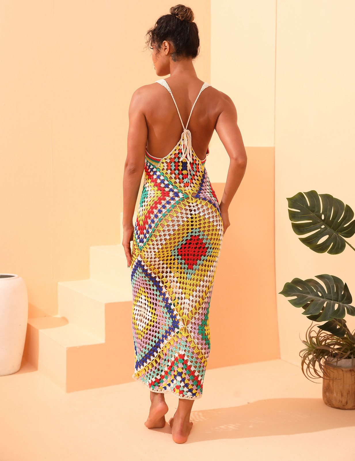Handmade Crochet Beach Wedding Dress Color Block Long Gown 1Pc