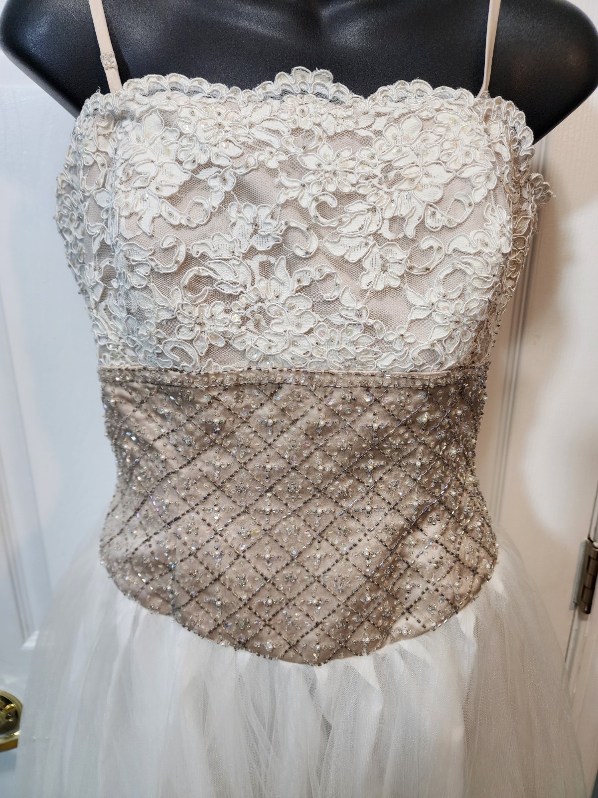 White tulle and lace gown with a gold beaded bodice David’s Bridal Size 8