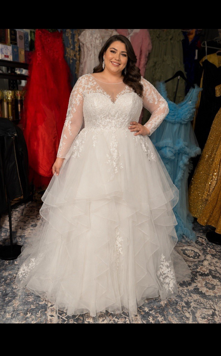 Plus Size 24W White Lace Tulle Long Sleeve V-Neck Ball Gown Wedding Dress