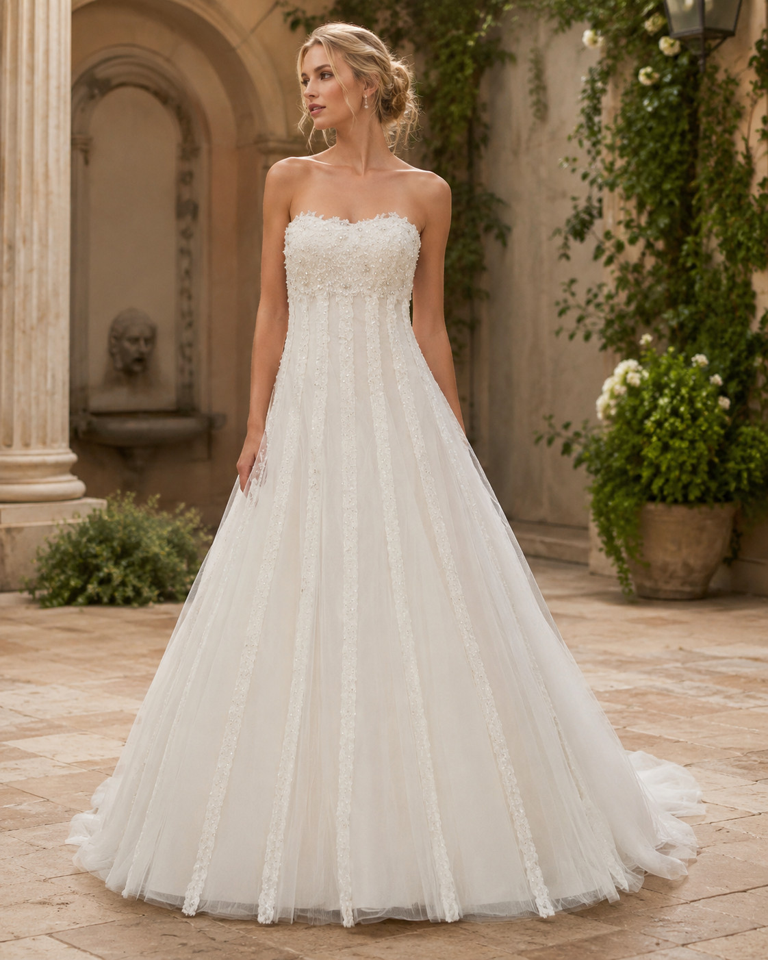 La Sposa Wedding Dress 16 Ivory Tulle Organza Lace Strapless Beaded Train