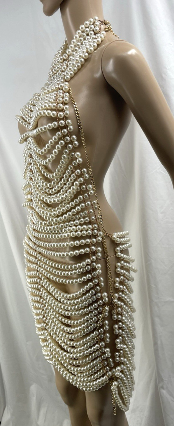 Beaded Metal Mesh Backless Pearl Dress Retro Sexy Fashion Body Chain Adjustable