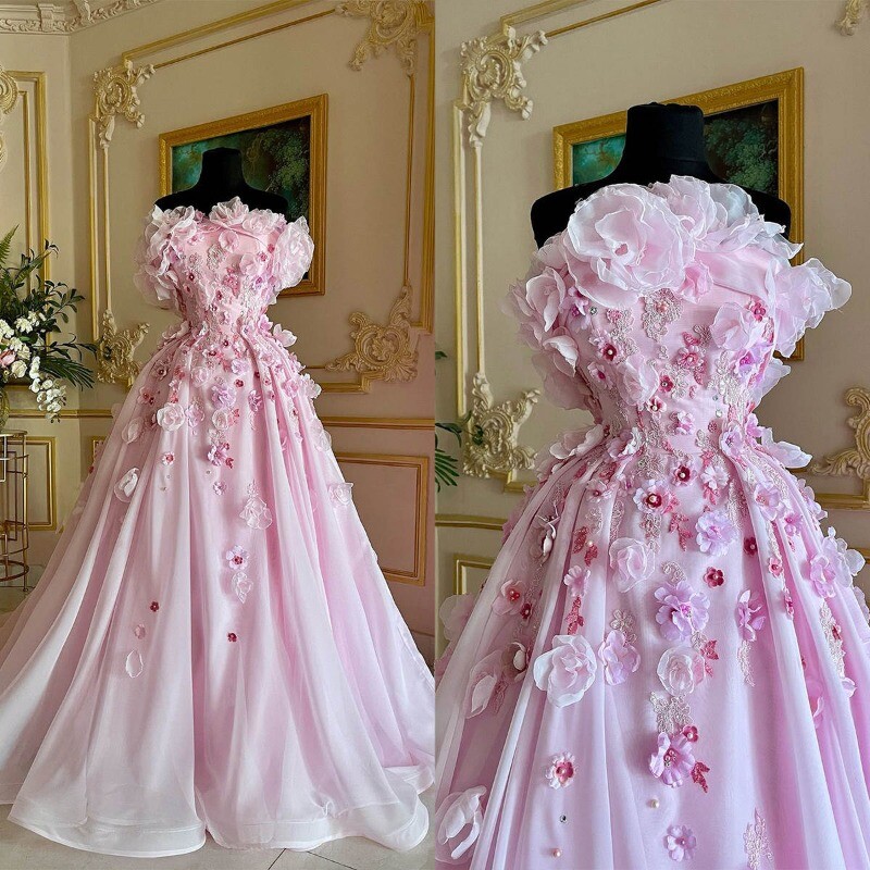 Pink Romantic Bridal A-line Floral Pearls Dresses Off-shoulder Chiffon Gowns New