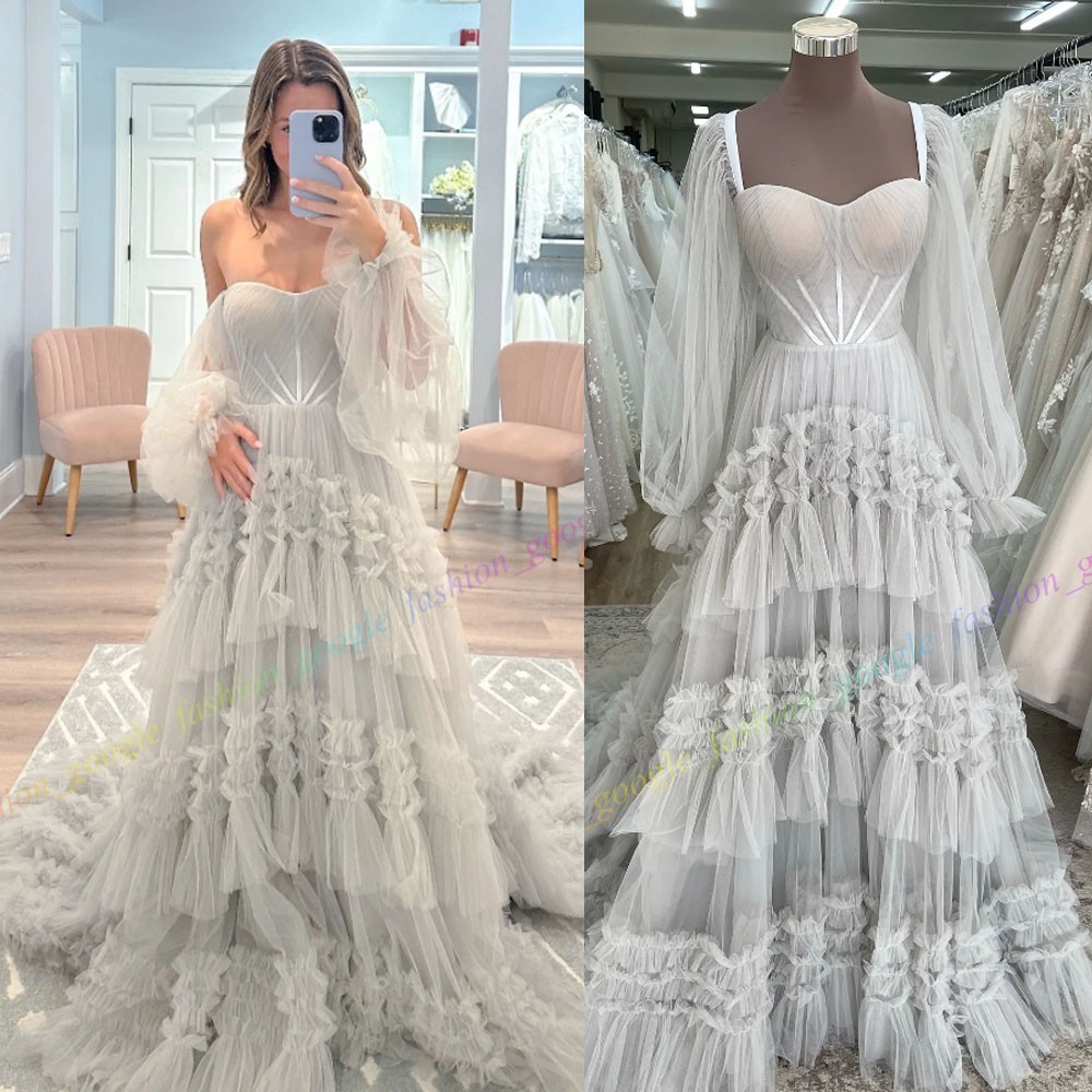 Dusty Blue Wedding Dress Detachable Long Blouson Sleeves Ruffle Tulle Boho Garde