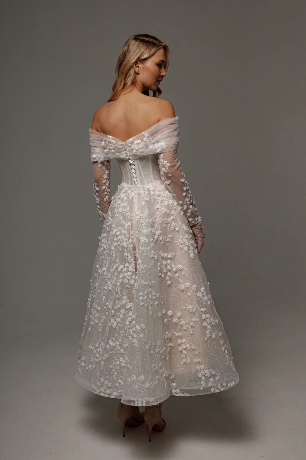 Glitter Lace Wedding Dress Floral 32-60 Off Shoulder Detachable Bolero Beads