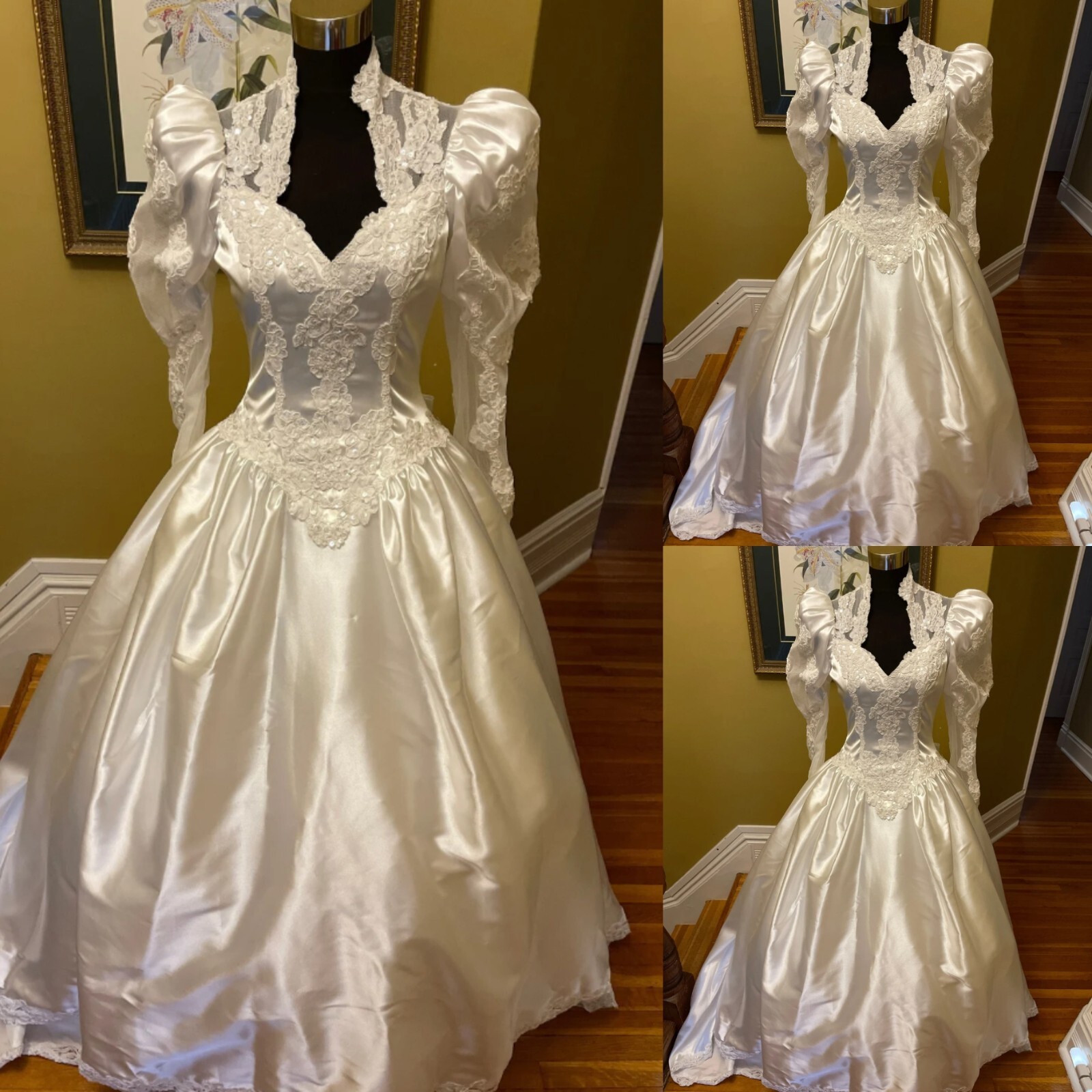 Victorian Wedding Dresses Satin Long Puff Sleeves Lace Vinatge 1950s Ball Gowns