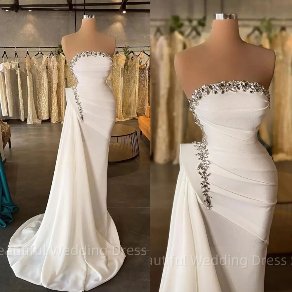 Modern Elegant White Mermaid Wedding Dresses Sparkle Rhinestone Pleated Sexy