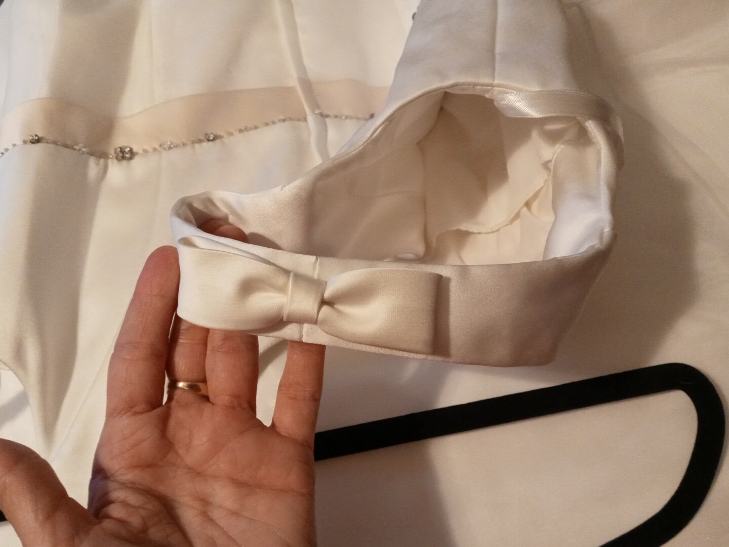 Elegant Wedding Dress,Beige & Ivory, Matte Satin W Tull W Train.Bow tie. Size 8.