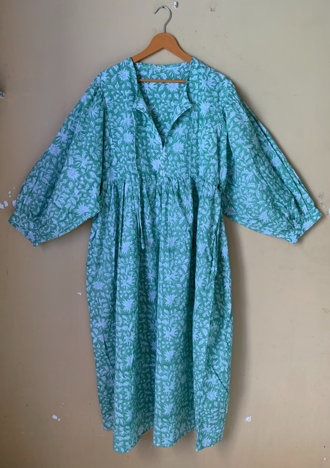 Beautiful Floal Summer blockprint cotten dress Deep Neck with string & gift item