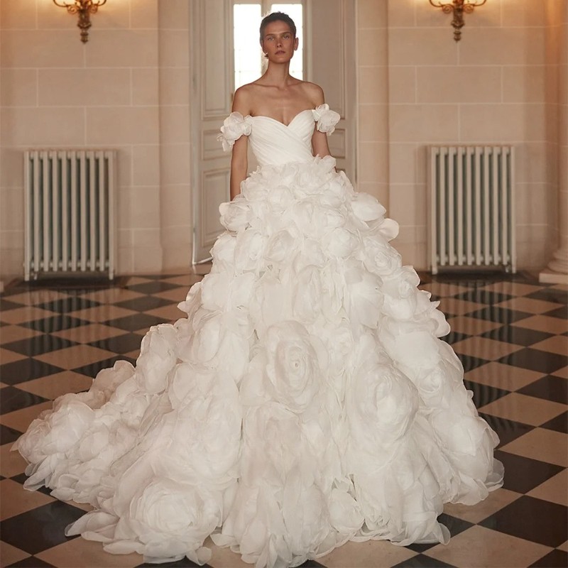 Organza Wedding Dress Off The Shoulder V Neck Pleat Flowers Arabic Bridal Gown