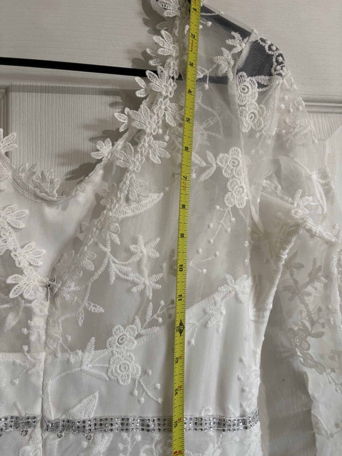 White Lace A-Line Wedding Dress V-Neck Long Sleeve Beaded Full Length 16