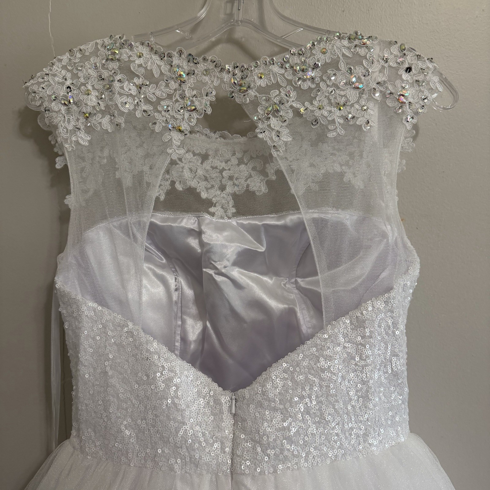 Let’s 5522 White Illusion Cap Sleeve Lace Beaded Sequin Tulle Dress L