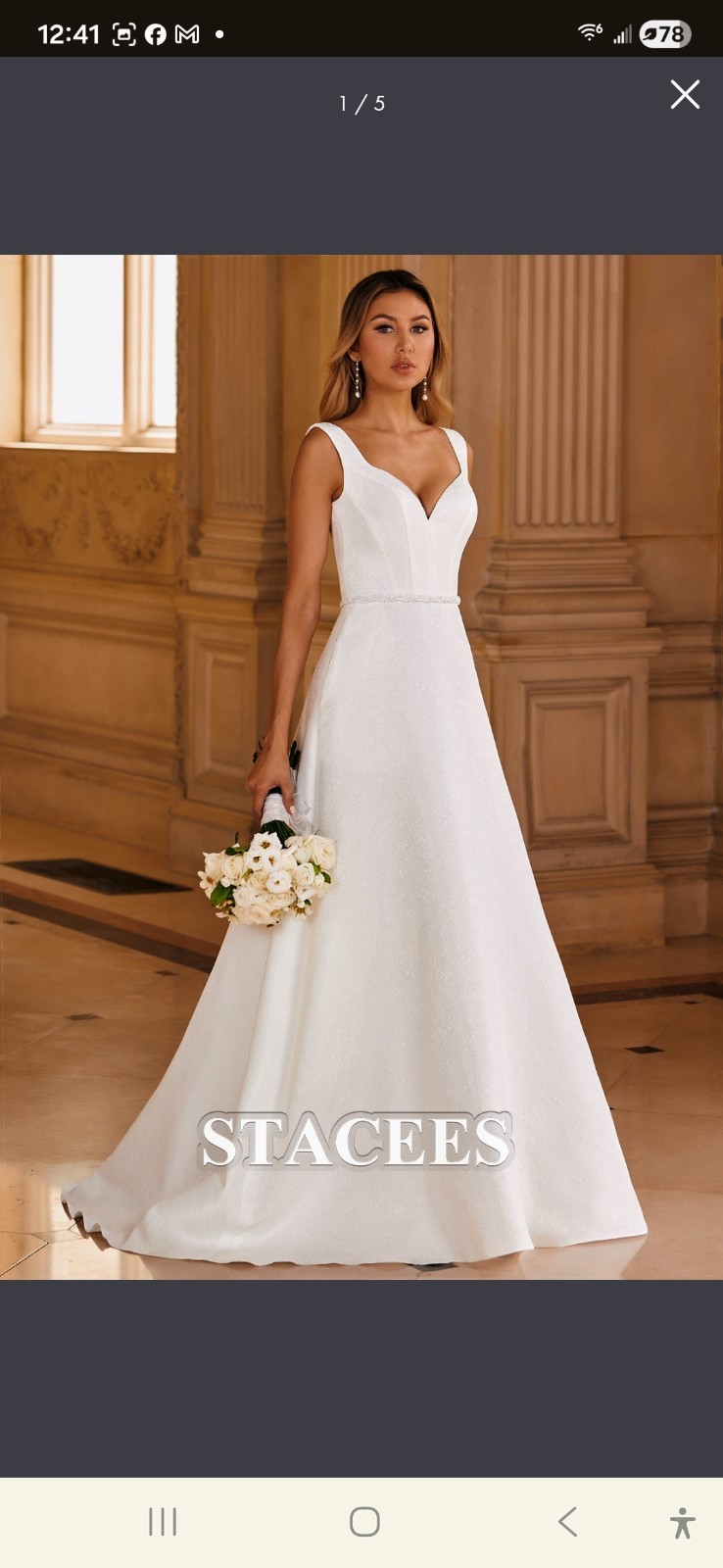 STACEES Classic A-Line V Neck Jacquard Wedding Dress Ivory Sweep Train
