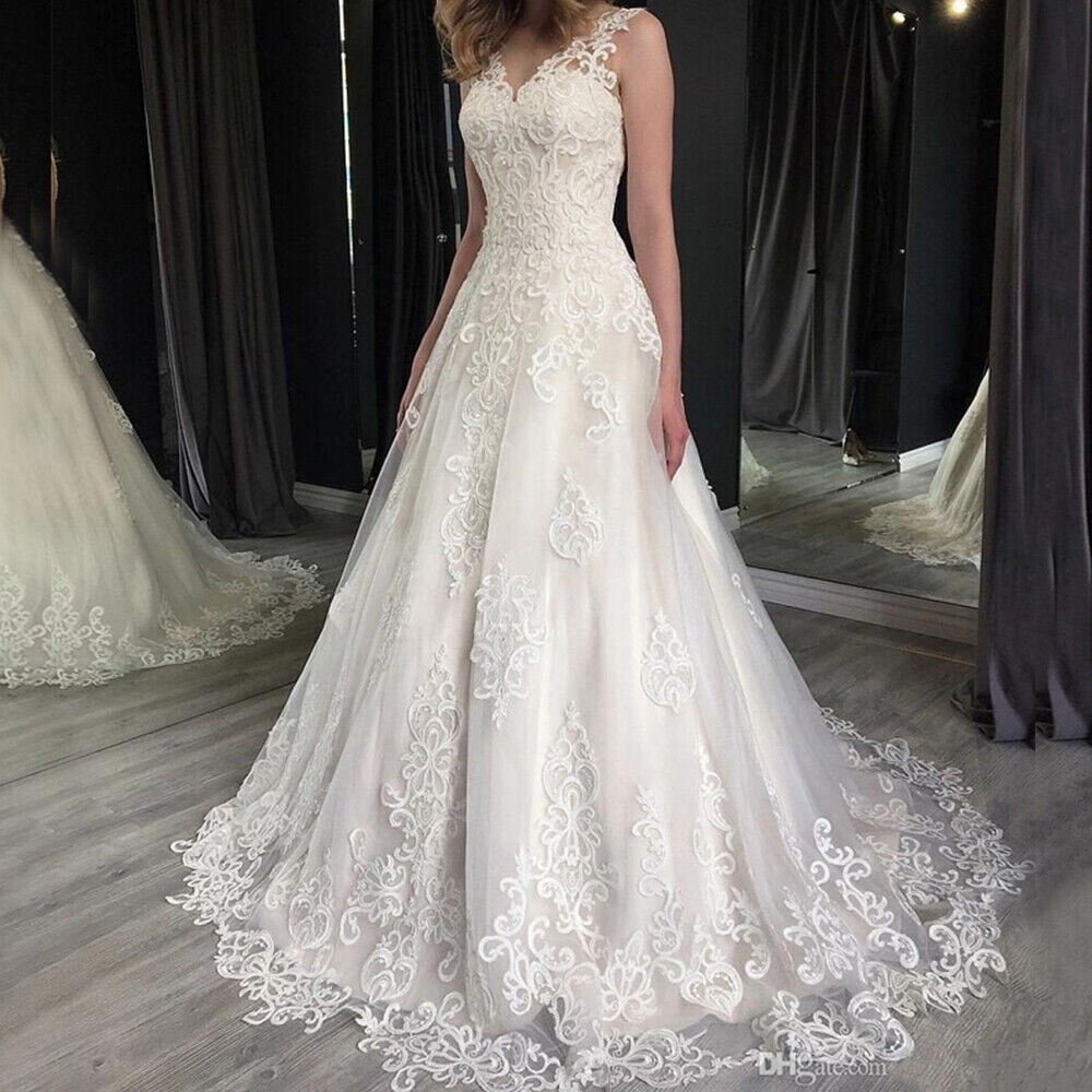 White/Ivory A-line Wedding Dresses Lace Applique Bridal Gown Custom Size