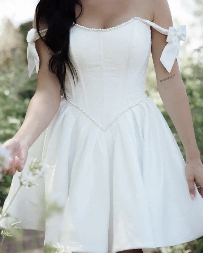 Off-Shoulder Pearl Trim Mini Dress US 16 Reese 2.0 Heirloom Bridal Company