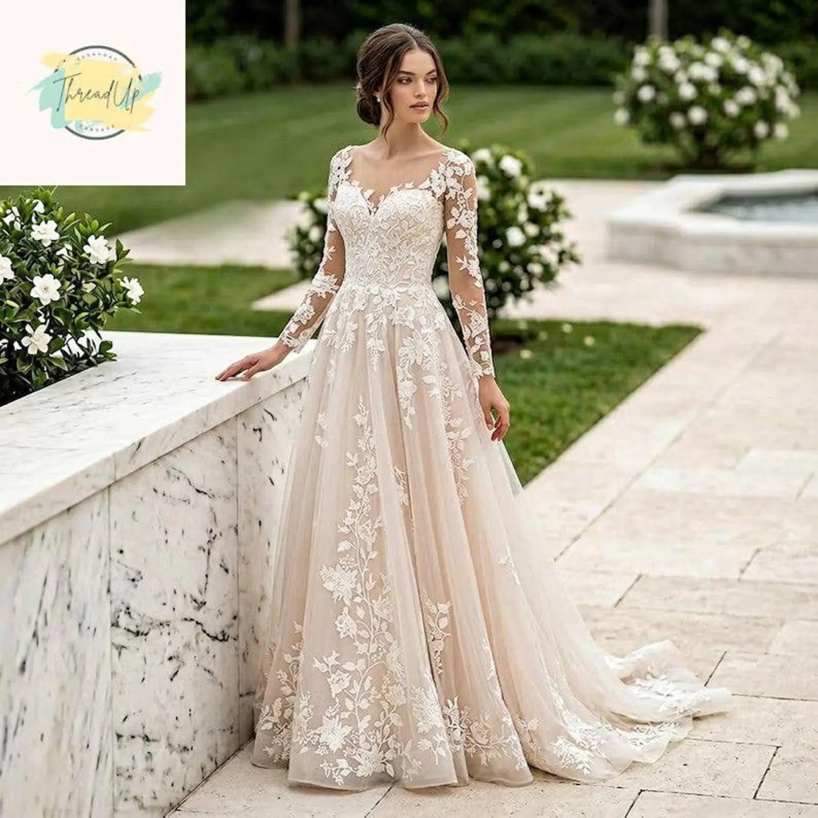 Ivory Long Sleeve Floral Lace Wedding Dress Wedding Dress 32-60 Lace Up A-Line Top