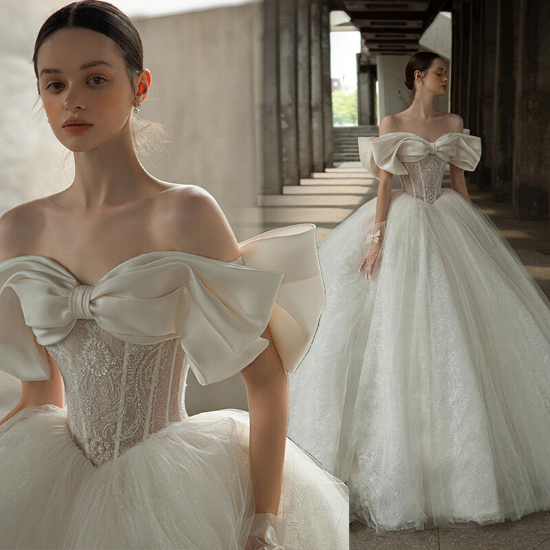 Elegant Satin French Princess Bride Bow Tube Top Tulle Formal Wedding Mesh Dress
