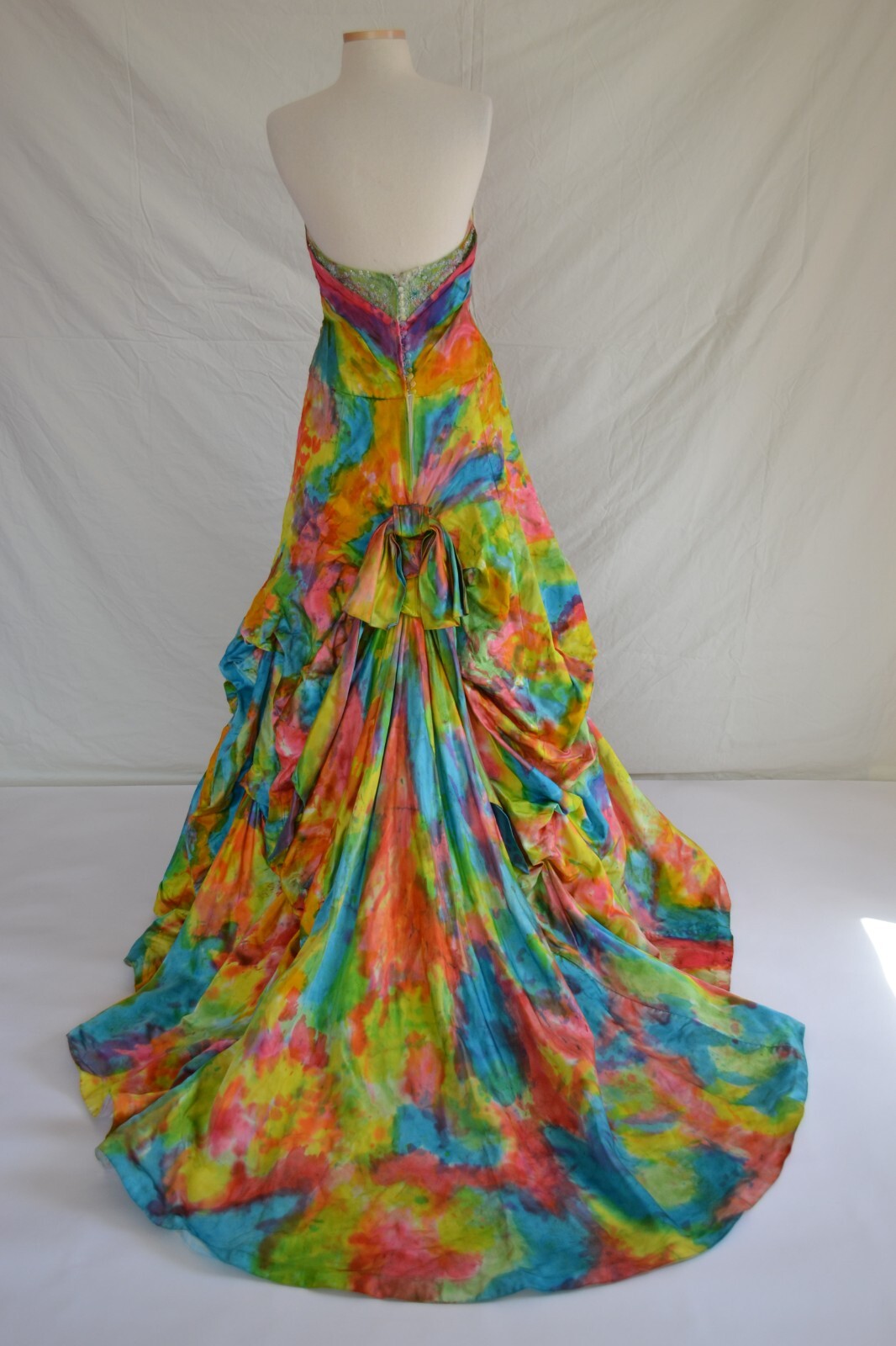 NEW silk Bohemian Wedding Dress destination beach Blue pink white tie dye gown M