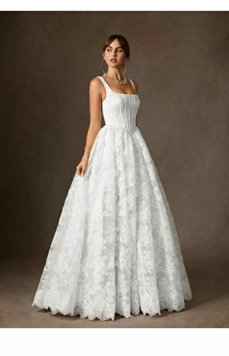 Azazie Geneva White Lace Ball Gown Wedding Dress Square Neck