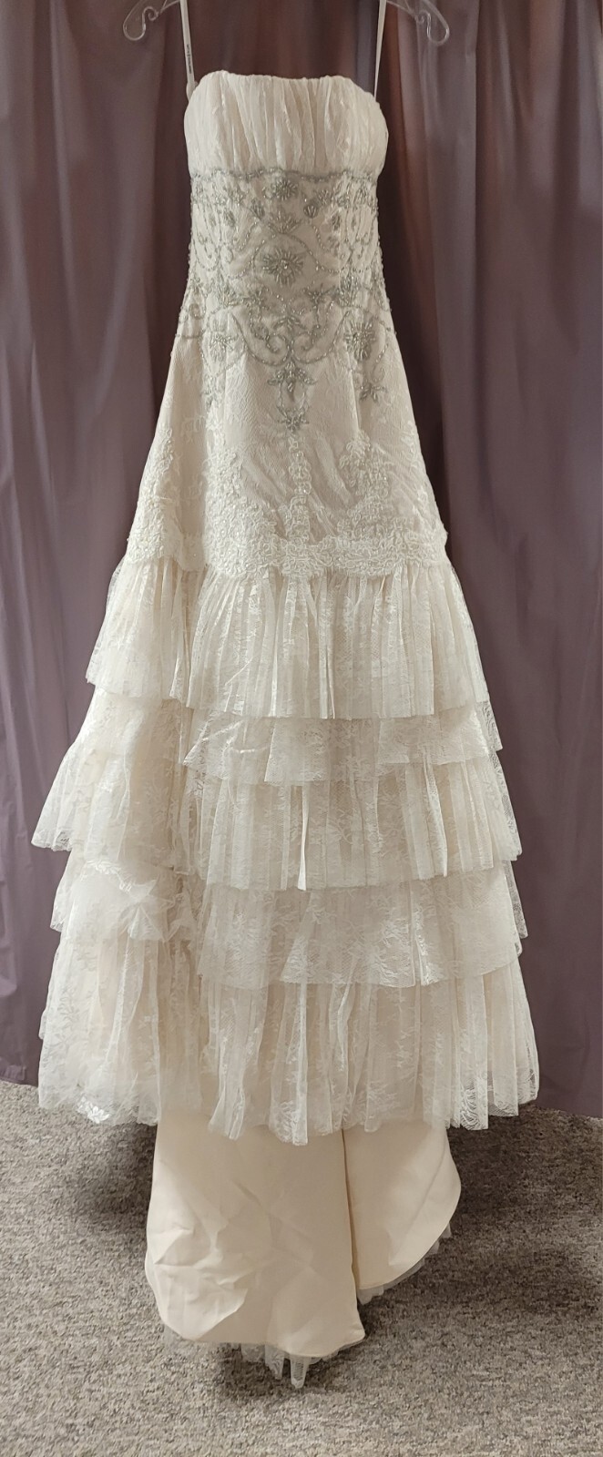 Mia Solano, M1020Z, Size 8, Ivory, Lace Layers , Silver Beading
