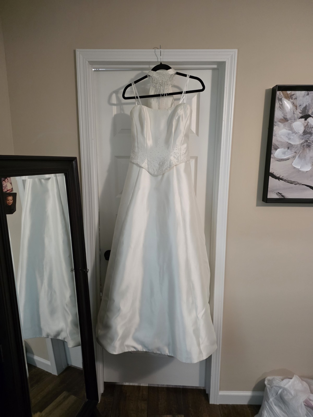 Ivory Satin Halter Beaded A-Line Wedding Dress Sleeveless Full-Length Buttons