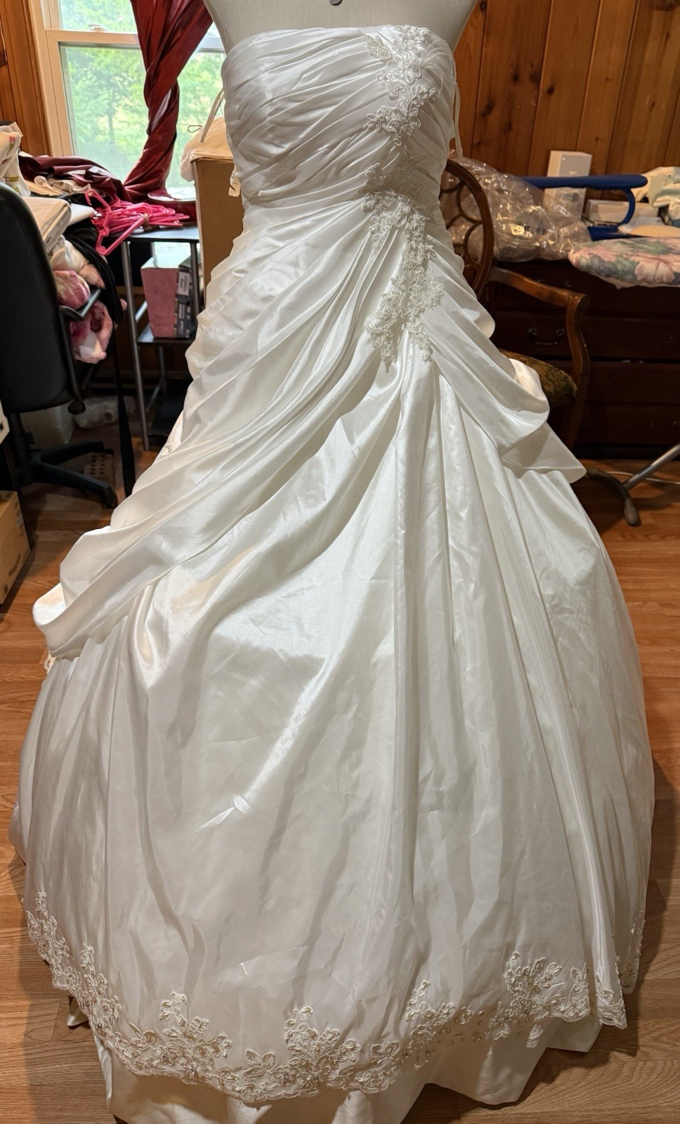 Off White Satin Ball Gown Wedding Dress Strapless Lace Ruching Train Corset
