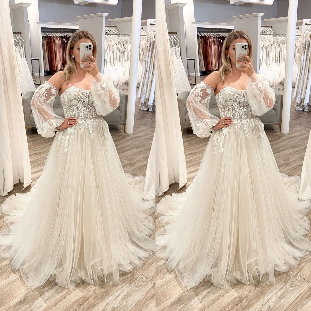 Beach Wedding Dresses Strapless Detachable Sleeves Lace Applique Bridal Gown