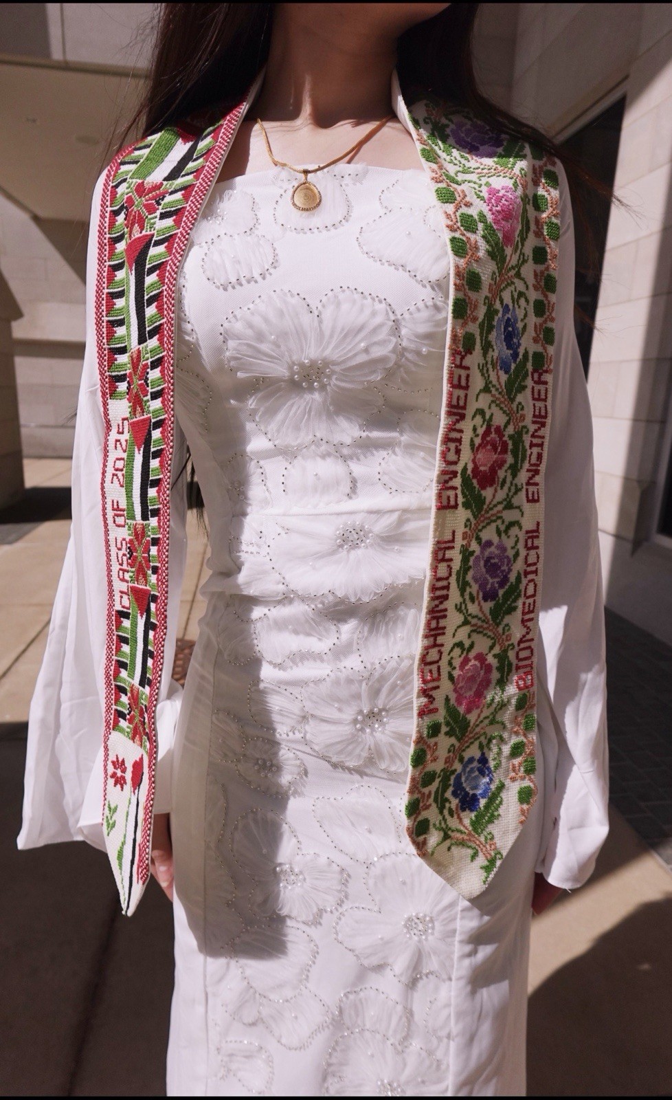 White Square Neck Long Sleeve Embroidered Beaded Sheath floral Graduation dress