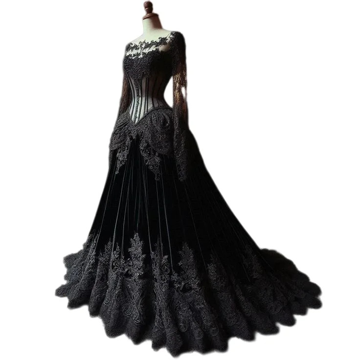 Gothic Black Wedding Dress Lace Long Sleeves Corset A-Line Bridal Gowns Vintage