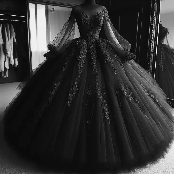Black Sheer Sleeve Tulle Ballgown V Neck Gold Lace Gothic Wedding Bridal Dresses