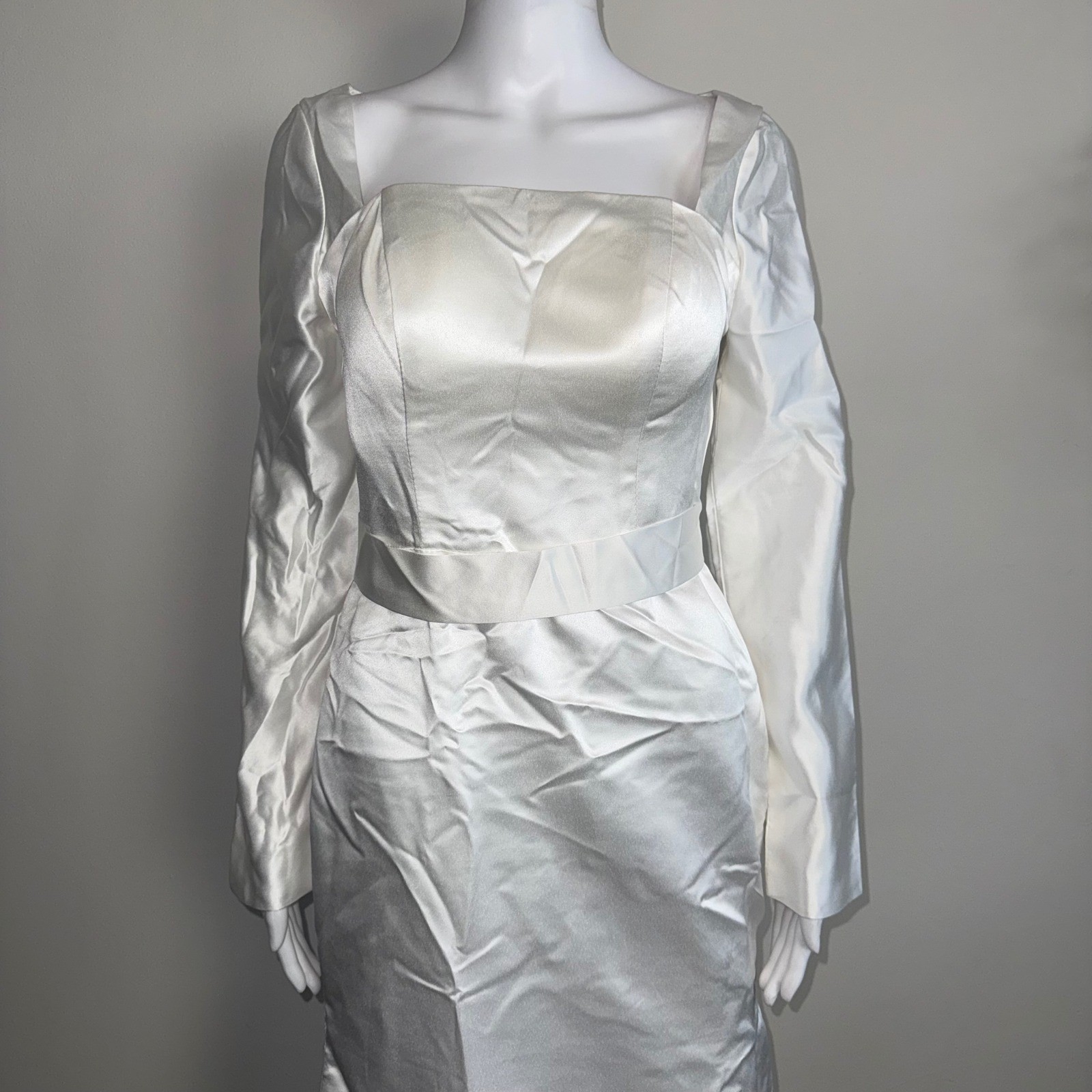 Hebeos White Satin Wedding Gown Square Neck Open Back Mermaid Bridal Dress XS