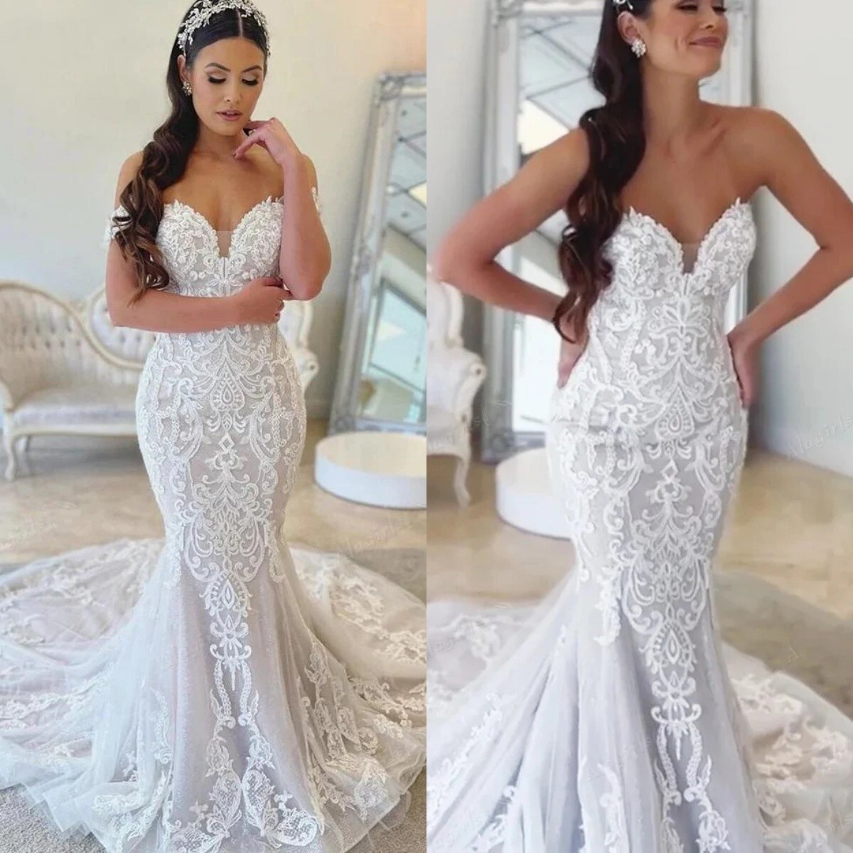 Mermaid Wedding Dresses Off Shloulder Sweep Train Elegant Beach Boho Bridal Gown