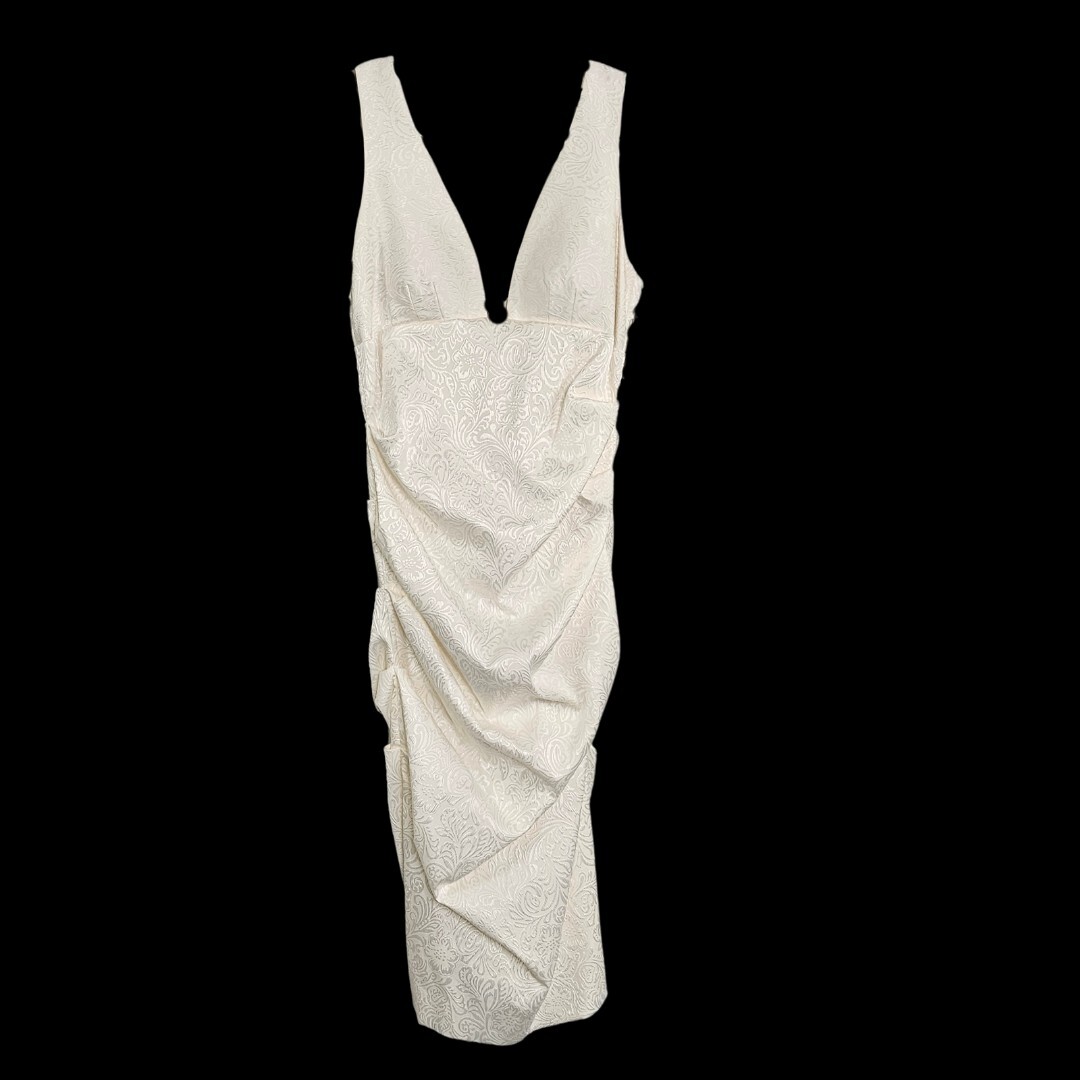 Nicole Miller Womens Jacquard Plunge Bodycon Midi Dress 8 Ivory Ruched Romantic