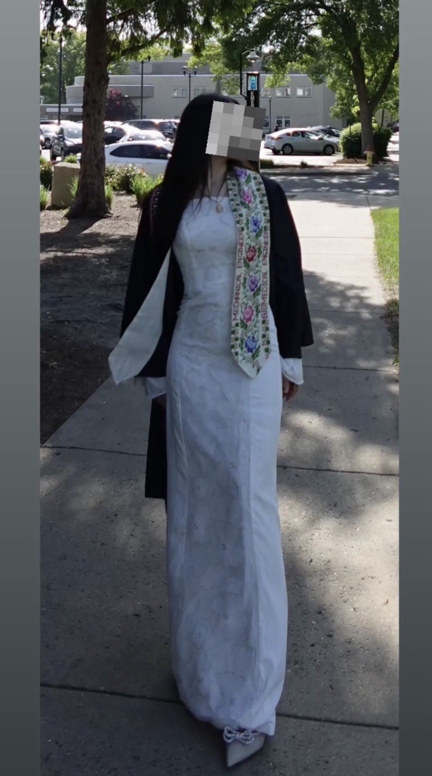 White Square Neck Long Sleeve Embroidered Beaded Sheath floral Graduation dress
