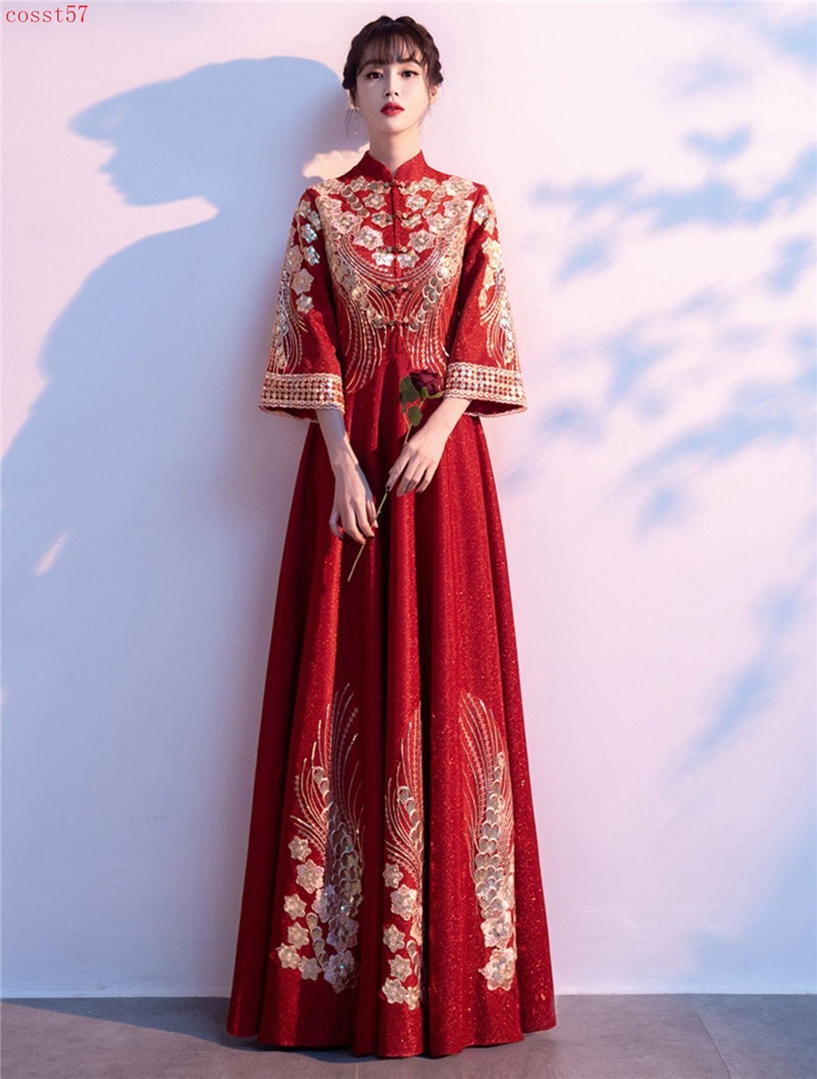 High-End Chinese Traditional Bride’s Wedding Dress Women’s Embroidery Cheongsam