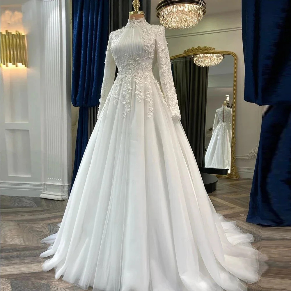 Elegant Muslim Wedding Dresses for Bride WIth Appliques Flowers Long Sleeve