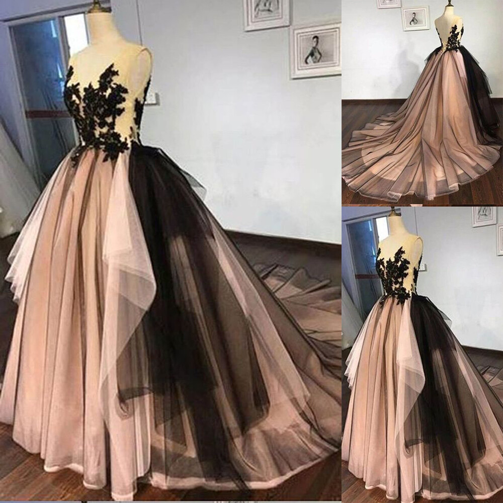 Black&Champagne Wedding Dresses With Detachable Skirt Gothic Lace Bridal Gowns