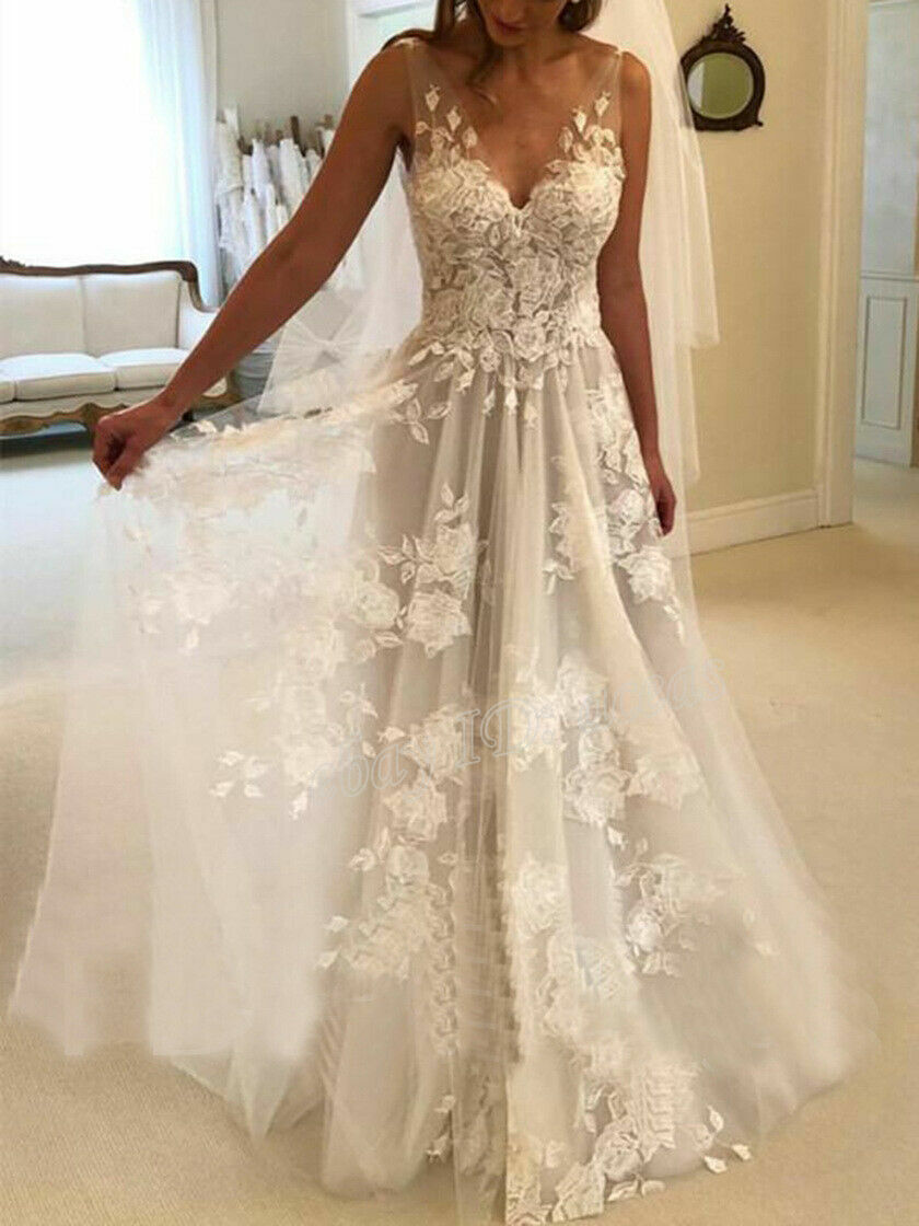 Boho Wedding Dresses V-Neck Backless Lace Applique A Line Bridal Gowns Custom