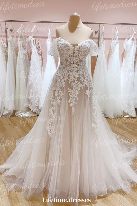 Champagne Wedding Dresses Off Shoulder Tulle Elegant Lace Floral Bridal Gowns