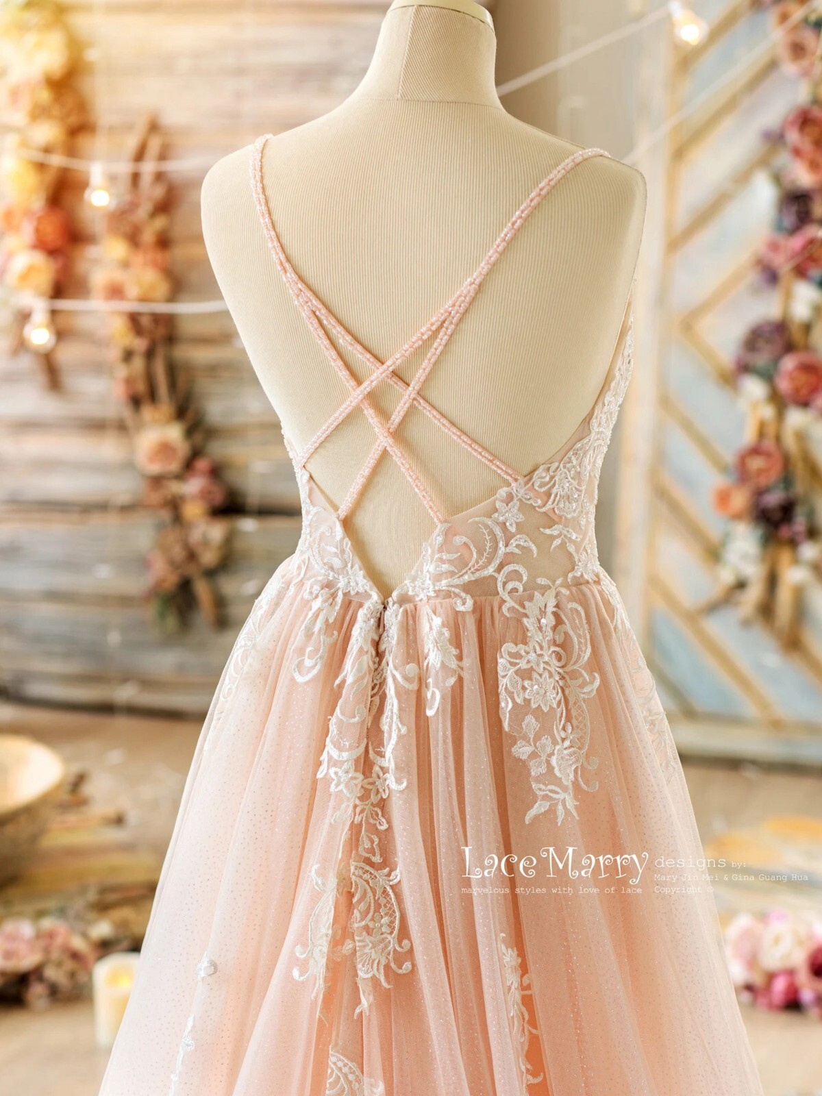 Blush Wedding Dress Beading Glitter Skirt Bridal gown Croo Straps Deep Open Back