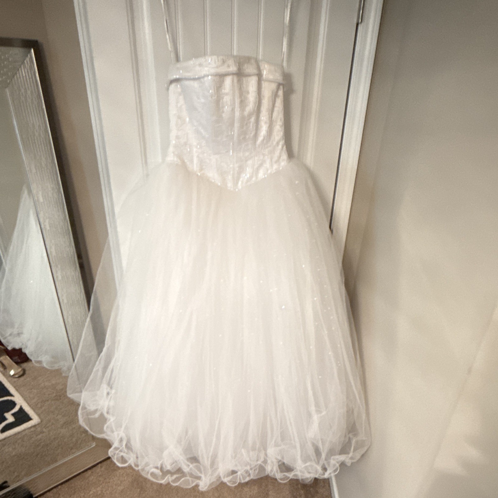 White Strapless Ball Gown Wedding Dress, Full-Length Tulle, Embroidery & Beading